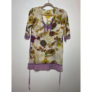 Bohemian Floral Tunic Top With 3/4 Sleeves & Tie Waist Size Small 100% Cotton